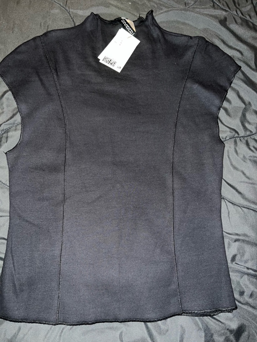 Divided Black Ribbed Mock Neck Tank